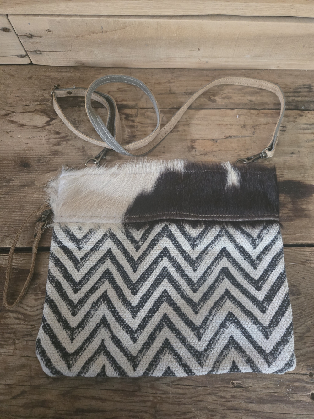Myra Bag Black & White Chevron Crossbody with Cowhide Flap